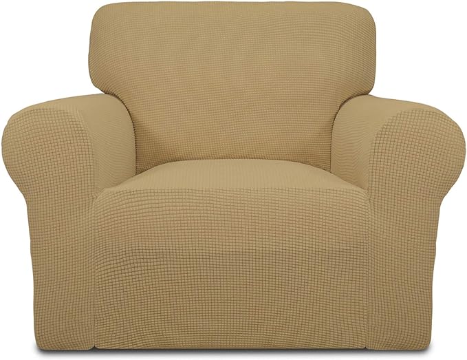 Easy-Going Stretch Chair Sofa Slipcover 1-Piece Couch Sofa Cover Furniture Protector Soft with Elastic Bottom for Kids, Pet. Spandex Jacquard Fabric Small Checks (Chair, Golden)