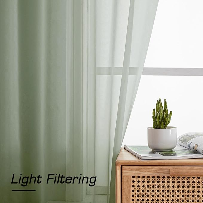 Simplebrand Sage Green Sheer Curtains 90 Inches Long 2 Panels, Light Filtering Rod Pocket Solid Color Window Sheer Curtain Panels, Elegant Curtains & Drapes for Living Room, Bedroom, 42" W x 90" L