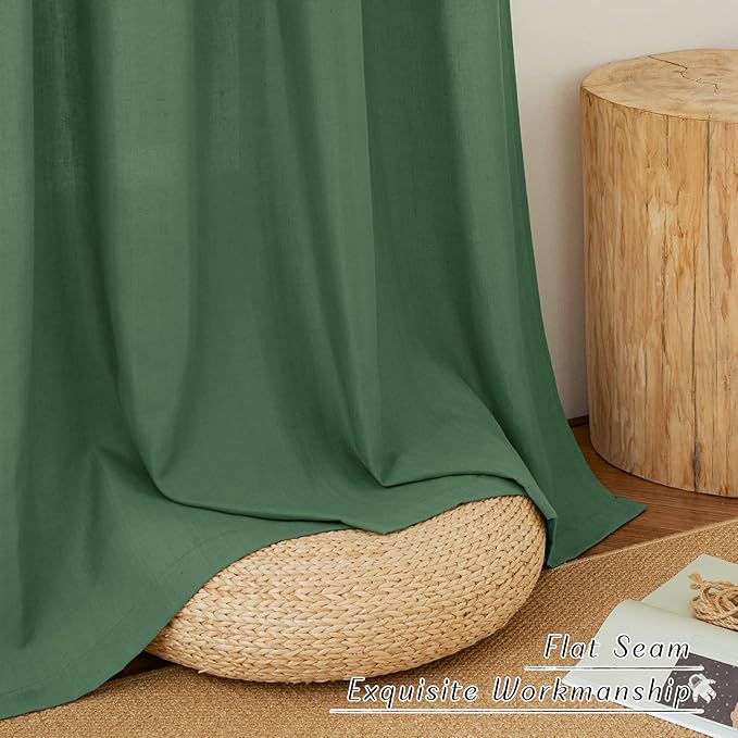 NICETOWN Olive Green Curtains 84 inch Length 2 Panels, Grommet Linen Blend Privacy Added Thick Flax Boho-Chic Light Filtering Semi Sheer Window Drapes for Home Office/Living Room, W55 x L84