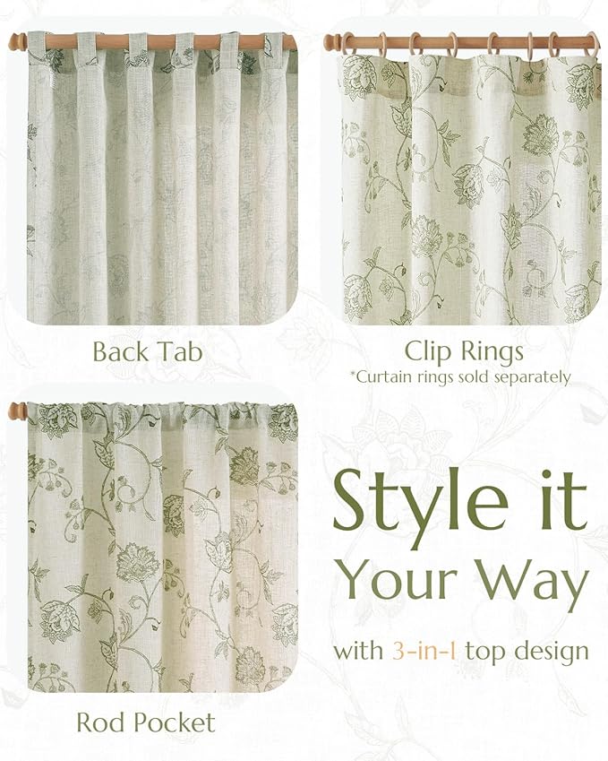 jinchan Linen Curtains Floral Curtains 96 Inch Length for Living Room Bedroom Light Filtering Rod Pocket Back Tab Farmhouse Curtains Flax Linen Texture Window Drapes Set 2 Panels Green on Linen