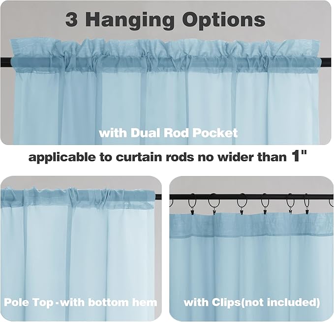 Chyhomenyc Sky Blue Sheer Curtains 45 Inch Long 2 Panels, Light Filtering Rod Pocket Voile Short Curtains Drapes for Living Room Bedroom Small Windows, 42Wx45L Inches