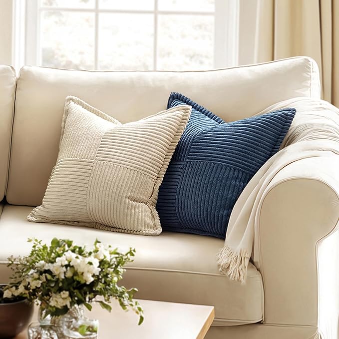 MIULEE Blue Corduroy Pillow Covers 16x16 Inch with Splicing Set of 2 Soft Boho Striped Pillow Covers Broadside Decorative Textured Summer Coastal Pillowcases for Couch Cushion Bed Livingroom