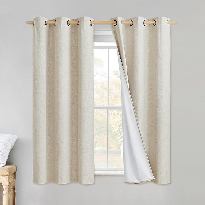 NICETOWN Linen Blackout Curtains for Kitchen, Beige, 2 Panels, 34" Wide x 60" Long, Short Kitchen Burlap Linen 100% Blackout Drape Panels for Night Shift, Great Job for Blocking Light