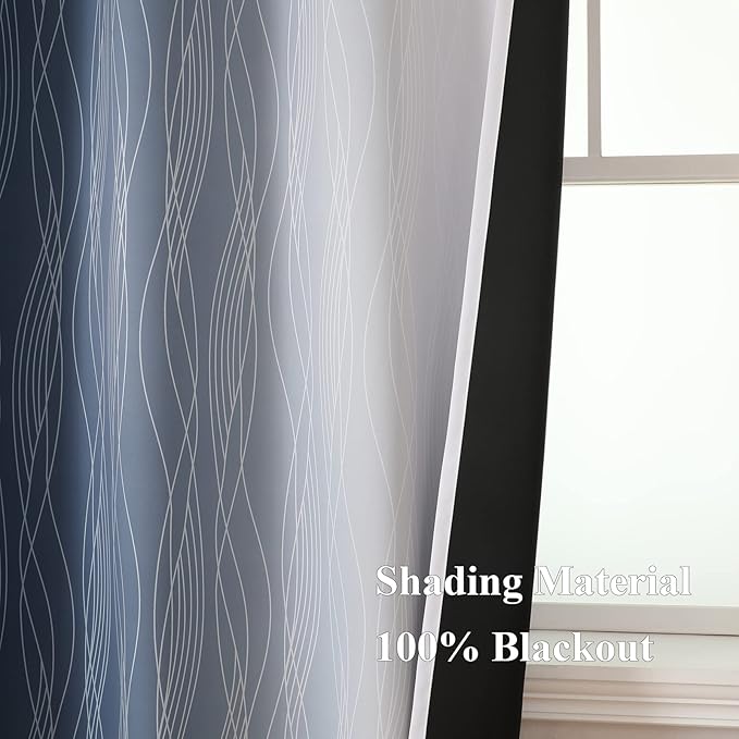 Estelar Textiler Full Room Darkening Greyish White and Navy Blue Blackout Curtains 72 Inch Length 2 Panels Set, Ombre Thermal Insulated Light Blocking Grommet Blackout Drapes for Bedroom, 42Wx72L