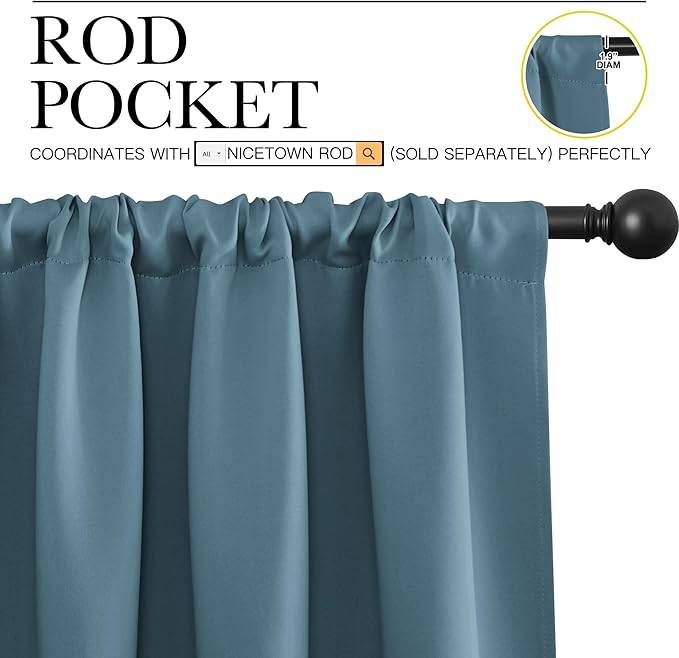 NICETOWN 2 Panels Blackout Curtains, Rod Pocket Thermal Insulated Drapes for Kitchen, Heavy Duty Small Window Treatment for Dorm Room, Studio Apartment, Basement (Smoky Blue, W42 x L30)
