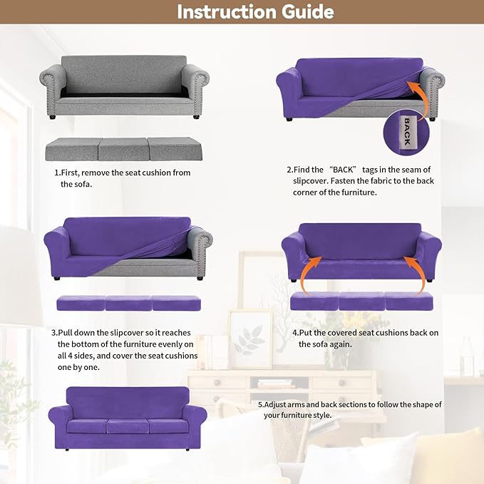 WEERRW 4 Pieces Velvet High Stretch Couch Covers for 3 Cushion Couch Sofa Slipcovers, Washable Furniture Protector with Non Slip Elastic Bottom, Feature Soft and Thick Plush Fabric, Purple, Large