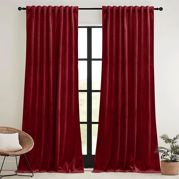 RYB HOME Red Velvet Curtains 84 inches - Darkening Curtains for Bedroom, Thermal Insulated Window Drapes for Living Room Dinning Room Theater, Width 52 x Length 84 inch, Red, 2 Panels
