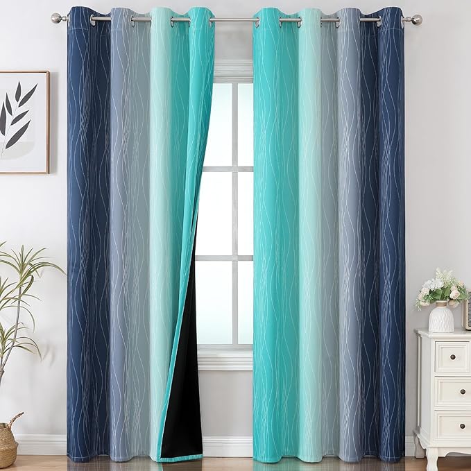 Estelar Textiler Navy Blue and Teal Gradient Blackout Curtains for Sliding Door, Thermal Insulated Ombre Blackout Drapes, Full Light Blocking Energy Saving Curtains for Living Room,52Wx108L,2 Panels