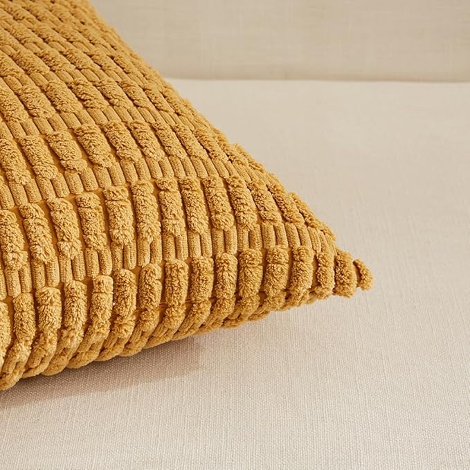 Fancy Homi 4 Packs Mustard Yellow Decorative Throw Pillow Covers 16x16 Inch for Living Room Couch Bed Sofa, Rustic Farmhouse Boho Home Decor, Soft Plush Striped Corduroy Square Cushion Case 40x40 cm