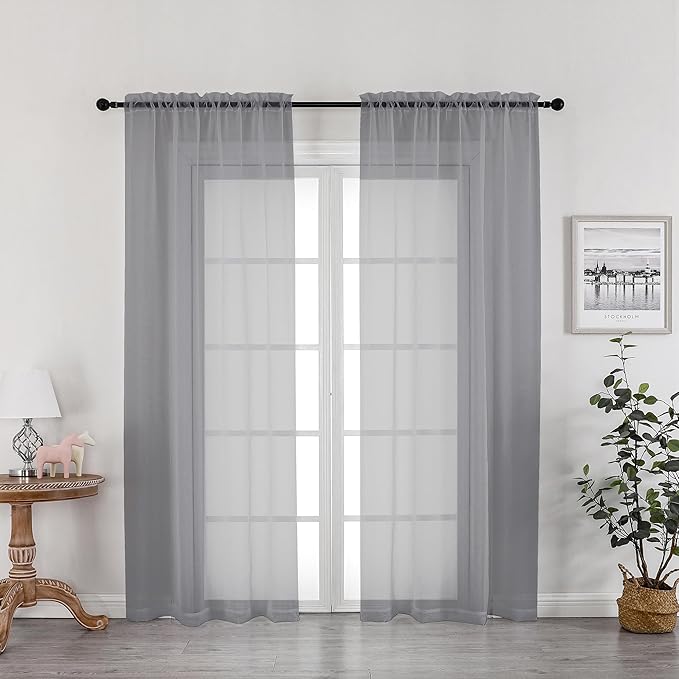 OWENIE Grey Sheer Curtains 72 Inches Long 2 Panels, Transparent Voile Sheer Curtain Double Rod Pocket Gauze Drapes for Living Room Bedroom Window Sliding Glass Door Treatment, 42 x 72 Inch