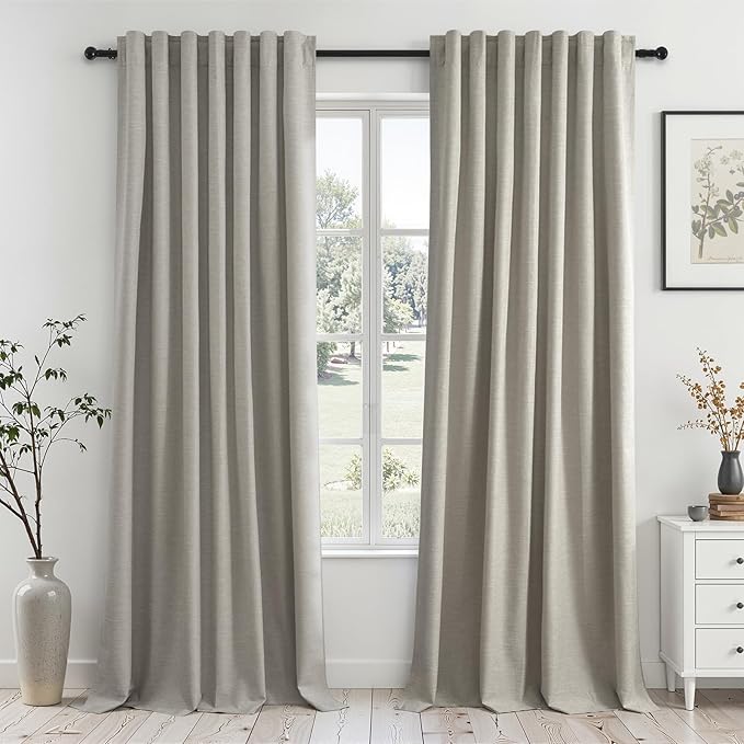 Flax Grey Blackout Curtains 95 Inch Length 2 Panels for Dining Room Darkening Curtain for Bedroom Linen Textured 100% Black Out Sunblock Light Blocking Long Drapes for Living Room Patio Door Back Tab