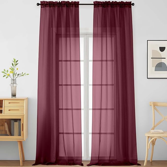 Burgundy Sheer Curtains 120 Inches Long 2 Panels, Extra Long Light Filtering Modern Window Curtains for Sliding Glass Door, Rod Pocket Voile Drapes for Living Room Bedroom, 2x42Wx120L Inches