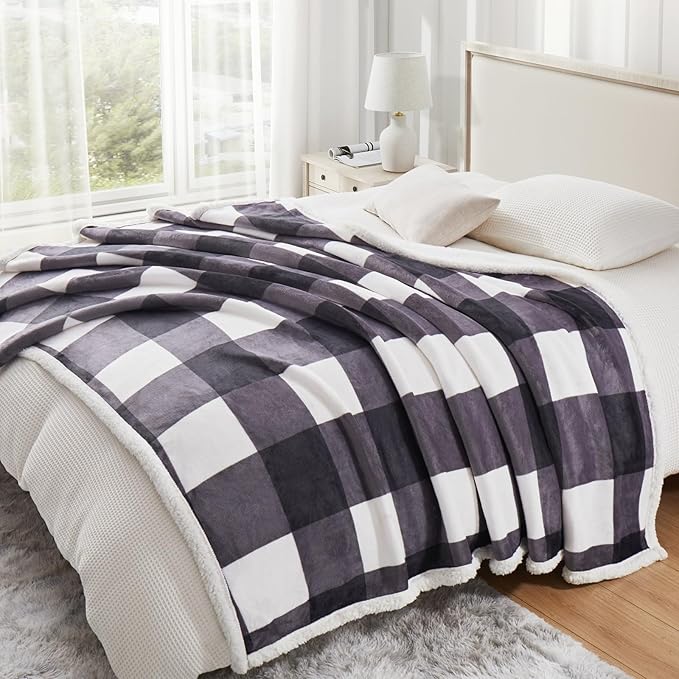PU MEI Sherpa Blanket Fleece Throw Blanket Full Queen Plaid Thick Bed Blanket, Soft Warm Cozy Dark Grey Checkered Throw Blanket 80"*90"