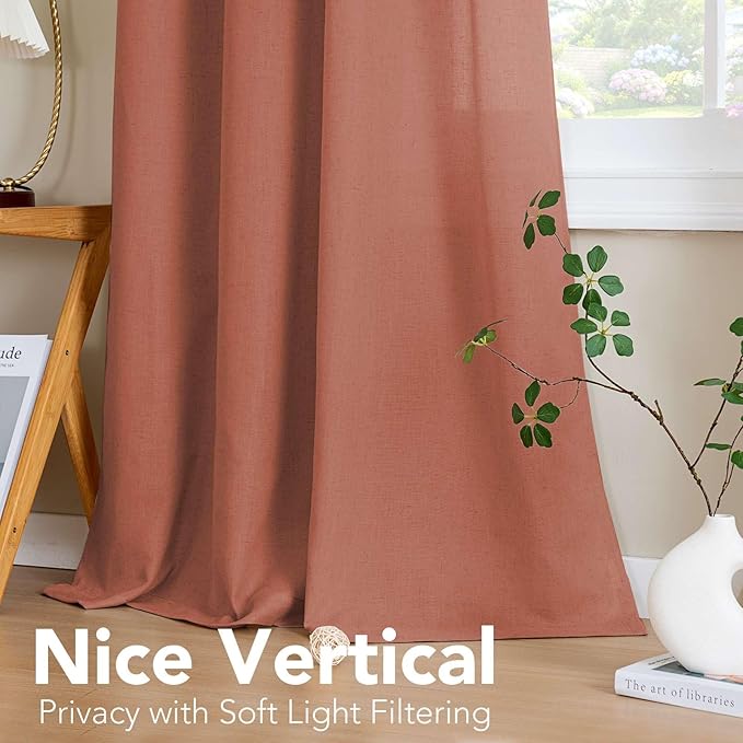 H.VERSAILTEX Linen Curtains Home Decorative Nickel Grommet Semi Sheer Curtains Privacy Added Energy Saving Light Filtering Window Treatments Draperies for Bedroom, Terracotta, 2 Panels, 52 x 96 - Inch