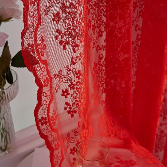 YJ YANJUN Vintage Lace Curtains 45 Inch Length Victorian Floral Pattern Red Sheer Curtain Panels for Living Room Bedroom,Light Filtering, Xmas Gift for Holiday Decor 2 Panels 52W x 45L