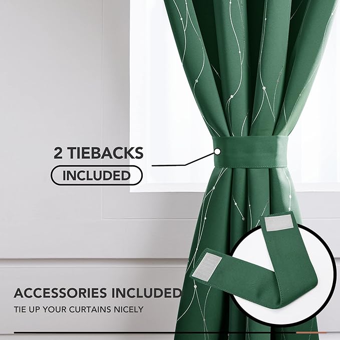 Deconovo Green Curtains, Christmas Blackout Drapes, Thermal Insulated Soundproof Drape, Wave Line Dot Foil Print, 52 x 84 Inch, 2 Panels, Machine‑Washable Window Panel for Living Room Kitchen Nursery