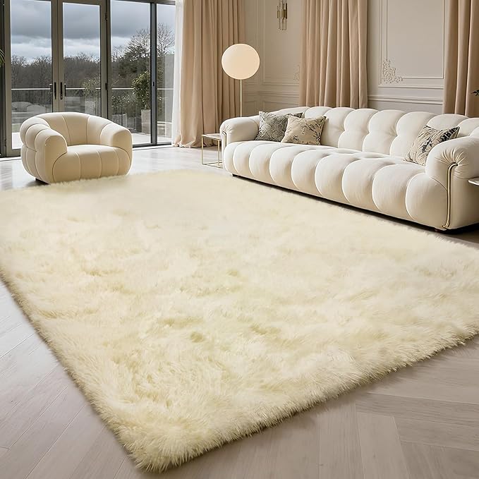 Ultra Soft Fluffy Area Rugs for Bedroom Living Room Ivory 10x14, Nursery Rug, Non-Slip Carpet for Kids Dorms Decor, Shaggy Bedside Rug