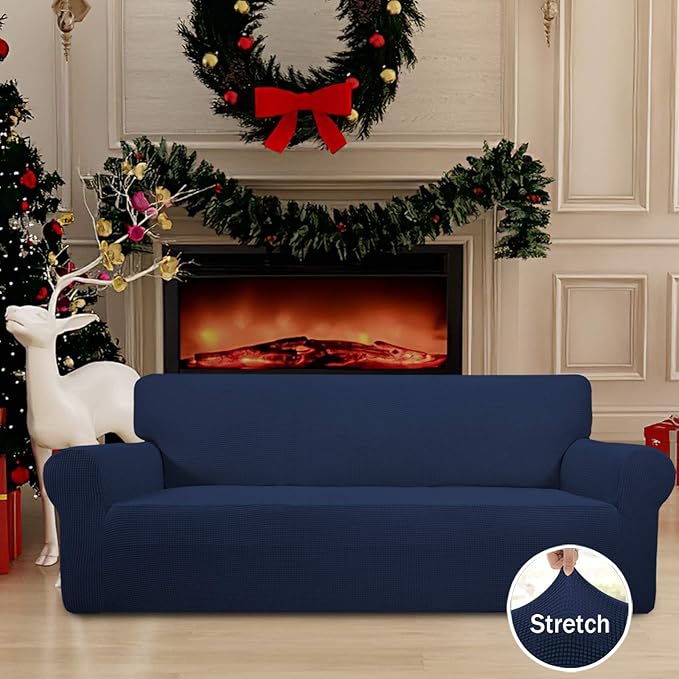 Easy-Going Stretch Oversized Sofa Slipcover 1-Piece Sofa Cover Furniture Protector Couch Soft with Elastic Bottom for Kids, Polyester Spandex Jacquard Fabric Small Checks Navy