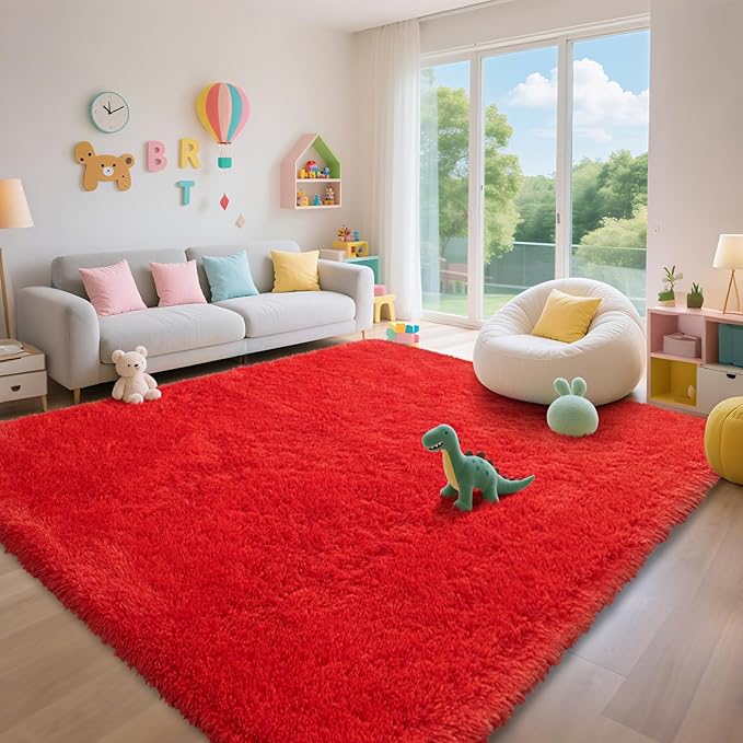 Red Shag Area Rugs for Bedroom Living Room,Ultra Soft Fluffy Christmas Area Rugs 8x10 for Dorm,Indoor Carpet Nursery Rugs for Kids Girls Room Home Decor (Red, 8x10 Feet)