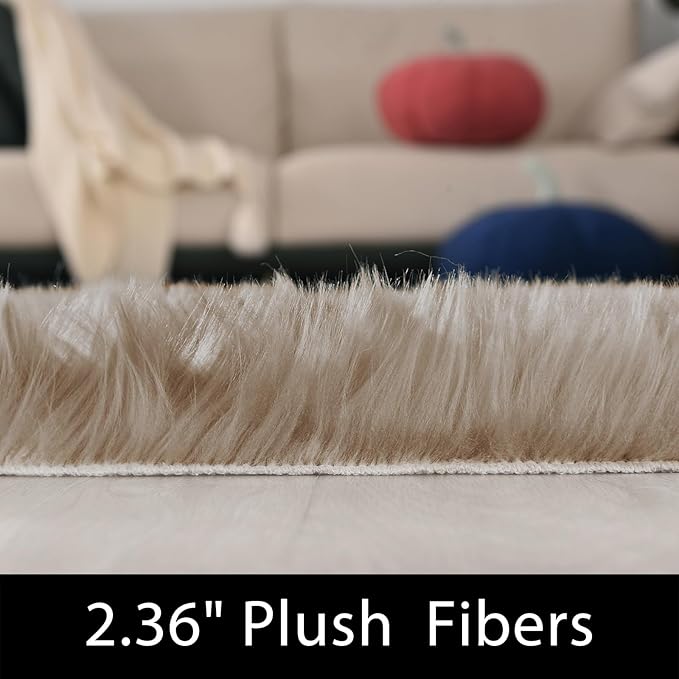 Latepis Light Brown Beige 5X6.7 Faux Fur Rug Fluffy Fuzzy Throw Rugs Washable Shag Plush Rugs for Living Room Bedroom Rug for Dorm Rectangle