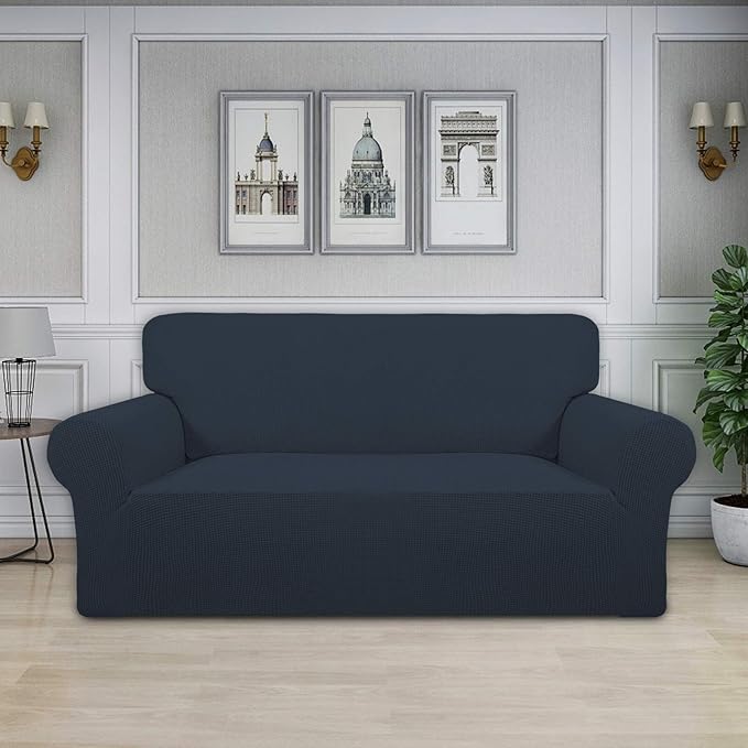 Easy-Going Stretch Oversized Loveseat Slipcover 1-Piece Sofa Cover Furniture Protector Couch Soft with Elastic Bottom for Kids Polyester Spandex Jacquard Fabric Small Checks Dark Blue