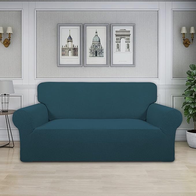 Easy-Going Stretch Oversized Loveseat Slipcover 1-Piece Sofa Cover Furniture Protector Couch Soft with Elastic Bottom for Kids Polyester Spandex Jacquard Fabric Small Checks Deep Teal