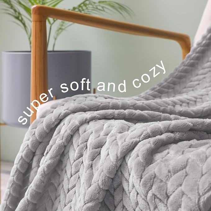 Exclusivo Mezcla Fleece Throw Blanket for Couch and Bed, 50x70 Inches Soft Cozy Jacquard Flannel Blankets, Lightweight Fuzzy Plush Warm Throws for Women, Light Grey