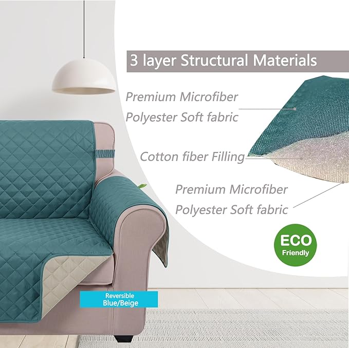 U-NICE HOME Large Sofa Cover Reversible Couch Cover for Dogs with Elastic Straps Water Resistant Furniture Protector for Pets Couch Cover for 4 Cushion Couch (Oversized Sofa, Blue/Beige)