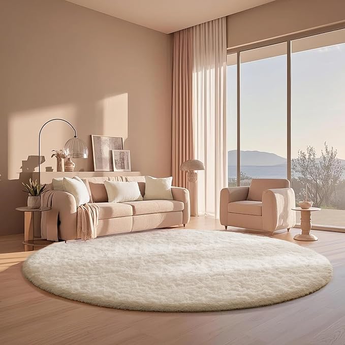 Ophanie Round Rugs 6Ft Ivory Circle Area Rug, Aesthetic Room Decor, Fluffy Fuzzy Bedroom Carpet, Plush Soft Shaggy Cream Living Room Rugs for Kids Home Decor, Nursery