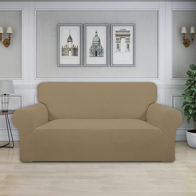 Easy-Going Stretch Oversized Loveseat Slipcover 1-Piece Sofa Cover Furniture Protector Couch Soft with Elastic Bottom for Kids Polyester Spandex Jacquard Fabric Small Checks Tan