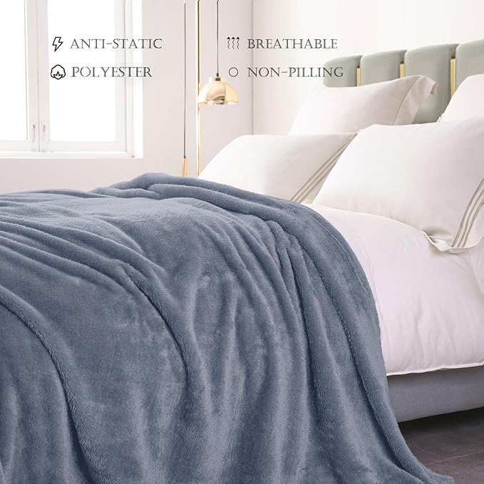 Exclusivo Mezcla Plush Fuzzy Fleece Bed Blanket Twin Size, Super Soft, Fluffy and Warm Blankets for Couch, Bed, All Season (Stone Blue, 90x66 Inches)