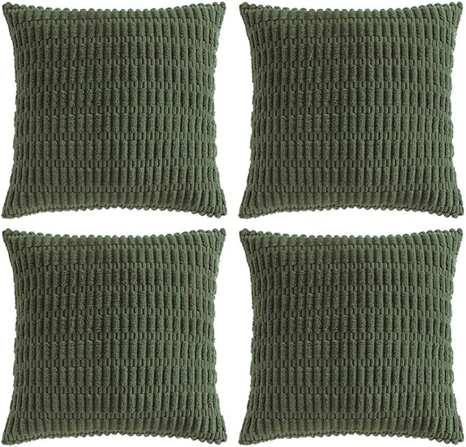 Fancy Homi 4 Packs Boho Olive Green Decorative Throw Pillow Covers 16x16 Inch for Couch Bed Sofa, Rustic Modern Farmhouse Home Decor, Soft Plush Corduroy Cute Square Cushion Case 40x40 cm