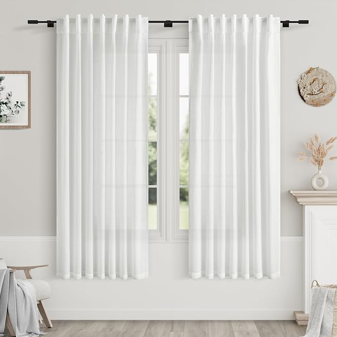 White Linen Curtains 63 inches Long for Bedroom Back Tab Light Filtering Privacy Sheer White Curtains Modern Farmhouse Coastal Decor Off White Cotton Textured Gauze Curtain for Bathroom 2 Panel Set