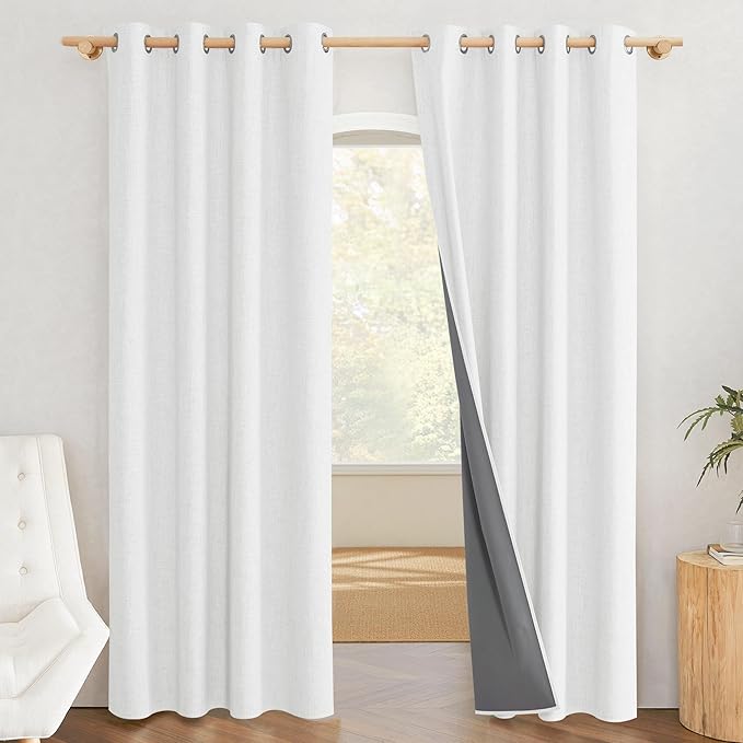 NICETOWN 100% Absolutely Blackout Linen Curtains with Thermal Insulated Liner, Greyish White, 52" Wide, 90" Length Energy Saving Curtains for Living Room 2 Panels Set, Vertical Blinds