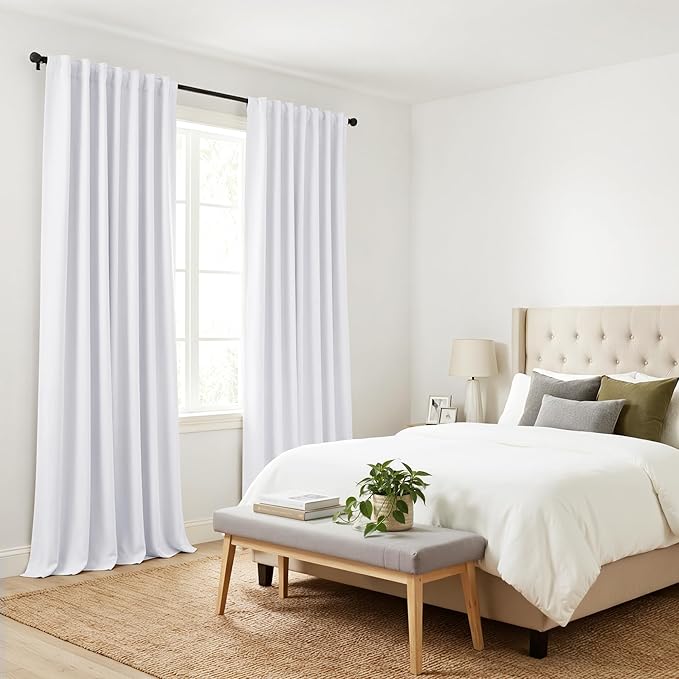 PONY DANCE 50% Light Filtering Curtains 84 inch Long, Back Tab & Rod Pocket Nursery Room Darkening Curtains for Bedroom and Living Room Decoration, 52 Inches Wide, 2 Panels Set, Pure White