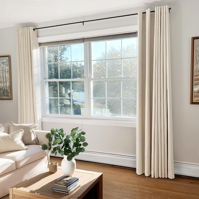 100% Blackout Shield Linen Blackout Curtains for Bedroom, Butter Cream Grommet Curtains for Living Room, Thermal Insulated Room Darkening Drapes for Nursery, Boho Home Decor, 50" W x 108" L, 2 Panels