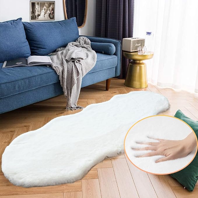 ORINOVA White Faux Bunny Fuzzy Fur Rugs for Bedroom Living Room Shag Washable Furry Area Rug 2x6 Nursery Shaped Rug Teen Room Décor