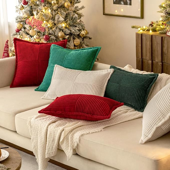 MIULEE Decorative Lumbar Throw Pillow Covers for Couch Bed Livingroom 12x20 Inch Set of 2 White Boho Accent Throw Pllows Broadside Striped Patchwork Soft Corduroy Pillowcases