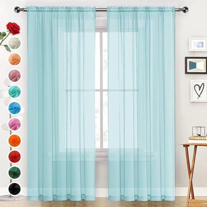 SpaceDresser Basic Rod Pocket Sheer Voile Window Curtain Panels Sky Blue 1 Pair 2 Panels 52 Width 72 Inch Long for Kitchen Bedroom Children Living Room Yard（Sky Blue, 52W x 72L）