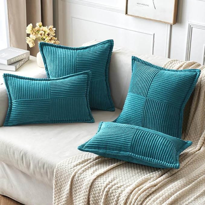 MIULEE Decorative Throw Pillow Covers for Couch Bed Livingroom 18x18 Inch Set of 2 Teal Blue Boho Accent Throw Pllows Broadside Striped Patchwork Soft Corduroy Summer Coastal Pillowcases