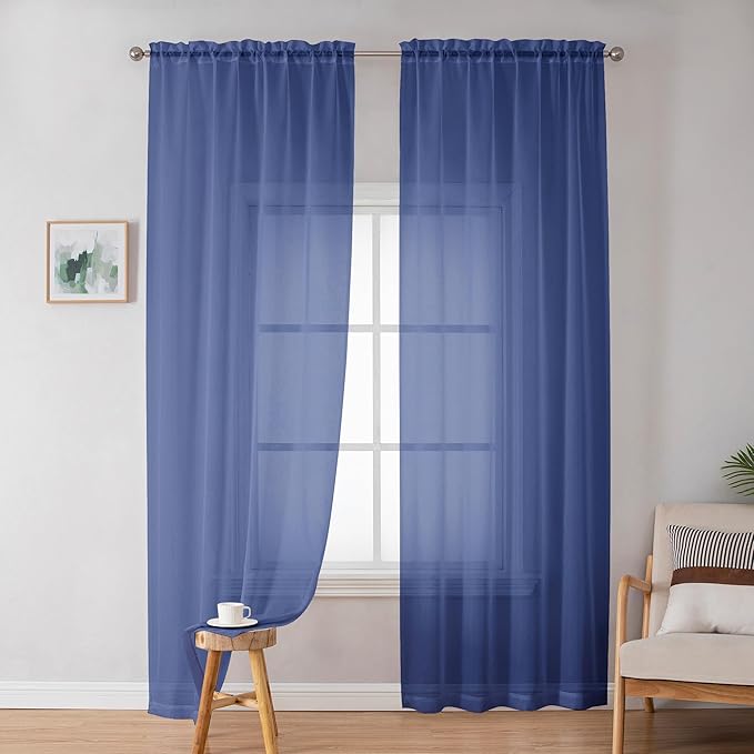 OWENIE Sheer Curtains 84 Inches Long 2 Panels Set for Bedroom Living Room, Light Filtering Voile Blue Sheer Curtains, Airy Rod Pocket Farmhouse Curtains, Royal Blue, Each 42Wx84L inch