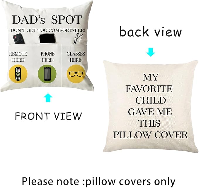 ONFAON Father's Day Throw Pillow Case, Dad's Spot Throw Pillow Covers 18 x 18 Inch，Dad Gifts from Daughter Son，Birthday Christmas Thanksgiving Day Gifts for Papa Stepdad ，3-Pocket