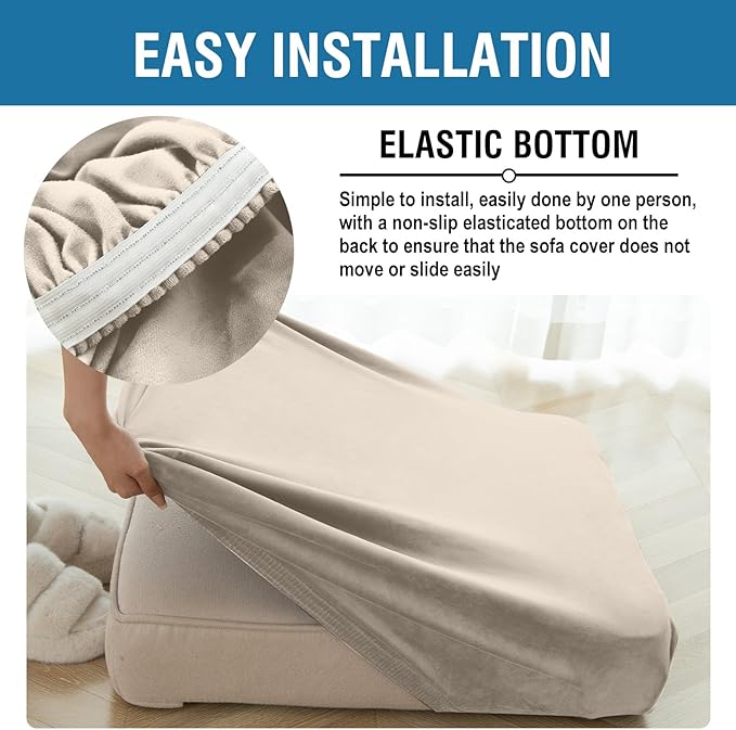 Couch Cover 8-Piece Elastic Velvet Couch Cushion Covers & Chaise Slipcovers for L-Shaped Sofas - Sofa Seat Covers Washable, Soft Protector for Couches (7 Seater + Chaise, Taupe)