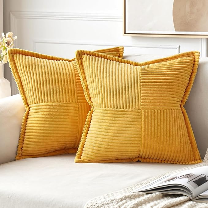 MIULEE Golden Yellow Corduroy Pillow Covers 20x20 Inch with Splicing Set of 2 Soft Boho Striped Pillow Covers Broadside Decorative Textured Summer Pillowcases for Couch Cushion Bed Livingroom