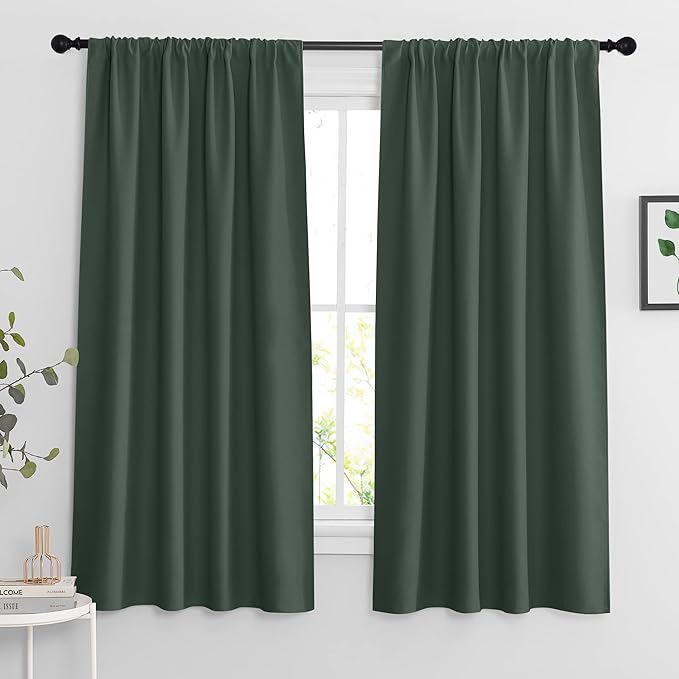 RYB HOME Blackout Curtains for Bedroom Living Room 63 inches Long, Thermal Insulated Privacy Rod Pocket Drapes for Nursery Office Home Theater, Width 42 by Length 63, Dark Green, 2 Panels