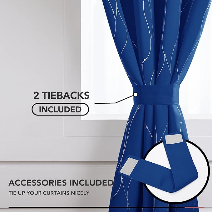 Deconovo Blackout Curtains, 52 x 54 Inch Drapes for Kitchen with Wave Dots Silver Print, Soundproof Thermal Insulated Window Curtain for Small Windows Nursery, Set of 2, Machine Washable, Royal Blue