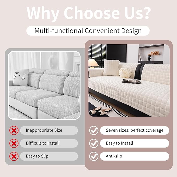 Velvet Couch Cover, Washable Sectional Sofa Cover, Anti Slip Sofa Slipcovers for 3 Cushion Couch Sofa L Shaped Recliner, Furniture Protector Covers for Pets Kids(White, Only 1 PCS)