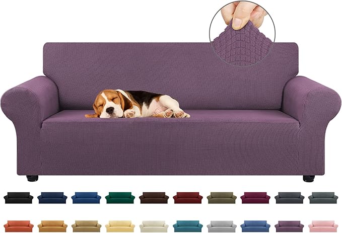 KEKUOU Stretch Sofa Cover Slipcover ，Couch Covers for 3 Cushion Couch Sofa pet Friendly (78"-94") Furniture Protector Sofa with Elastic Bottom for Kids,Dog, Jacquard Small Checked(Large,Dark Purple)