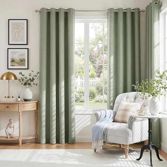 100% Blackout Shield Linen Blackout Curtains for Bedroom, Sage Green Grommet Curtains for Living Room, Thermal Insulated Room Darkening Drapes for Nursery, Boho Home Decor, 50" W x 90" L, 2 Panels