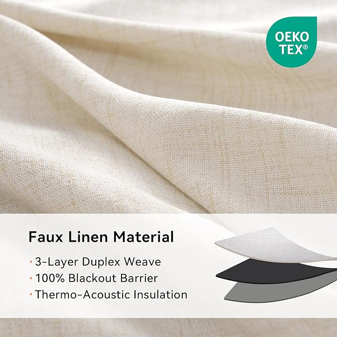 100% Blackout Shield Linen Blackout Curtains for Bedroom, Butter Cream Grommet Curtains for Living Room, Thermal Insulated Room Darkening Drapes for Nursery, Boho Home Decor, 50" W x 96" L, 2 Panels